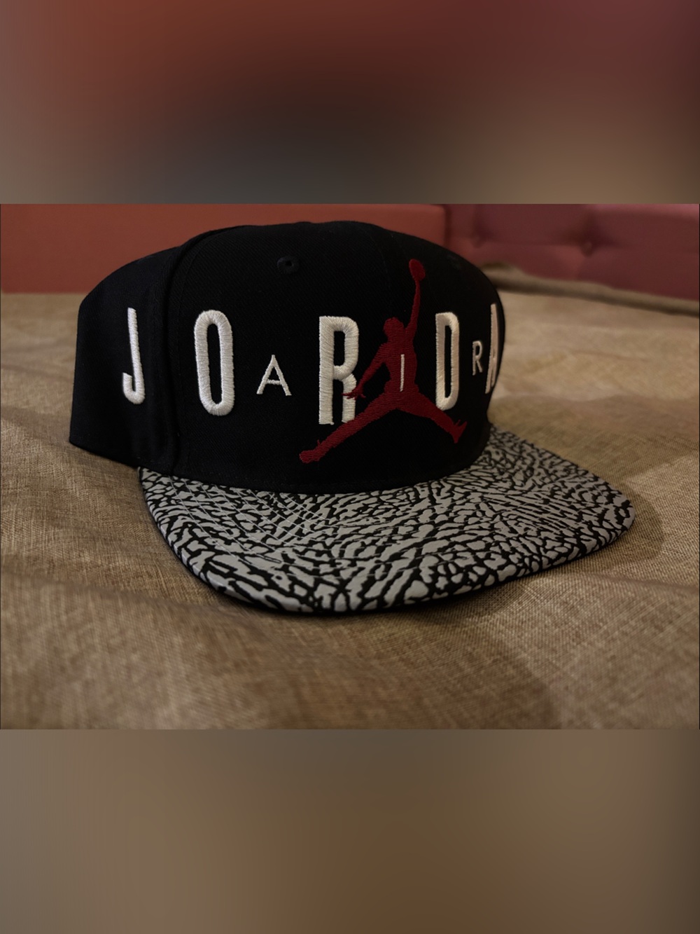 Jordan Black Snapback with Grey Elephant-Print Brim and Red Jumpman